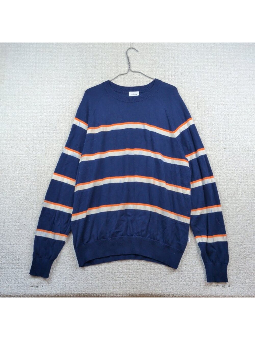 Vallier Navy Blue Orange Striped Merino Wool Blend Jumper Shirt Men Sz XL Read